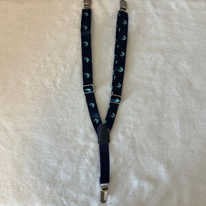 Boys Navy Teal Fish Print Suspenders Y-Back Adjustable Preppy Faux Leather